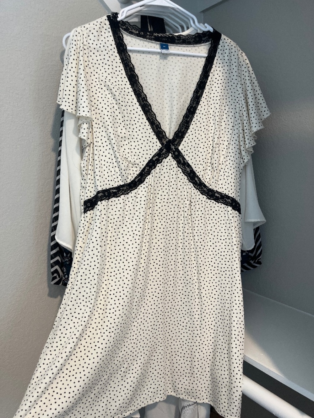 Cream and Black Polka Dot Lace Neck Ruffle Sleeve Dress